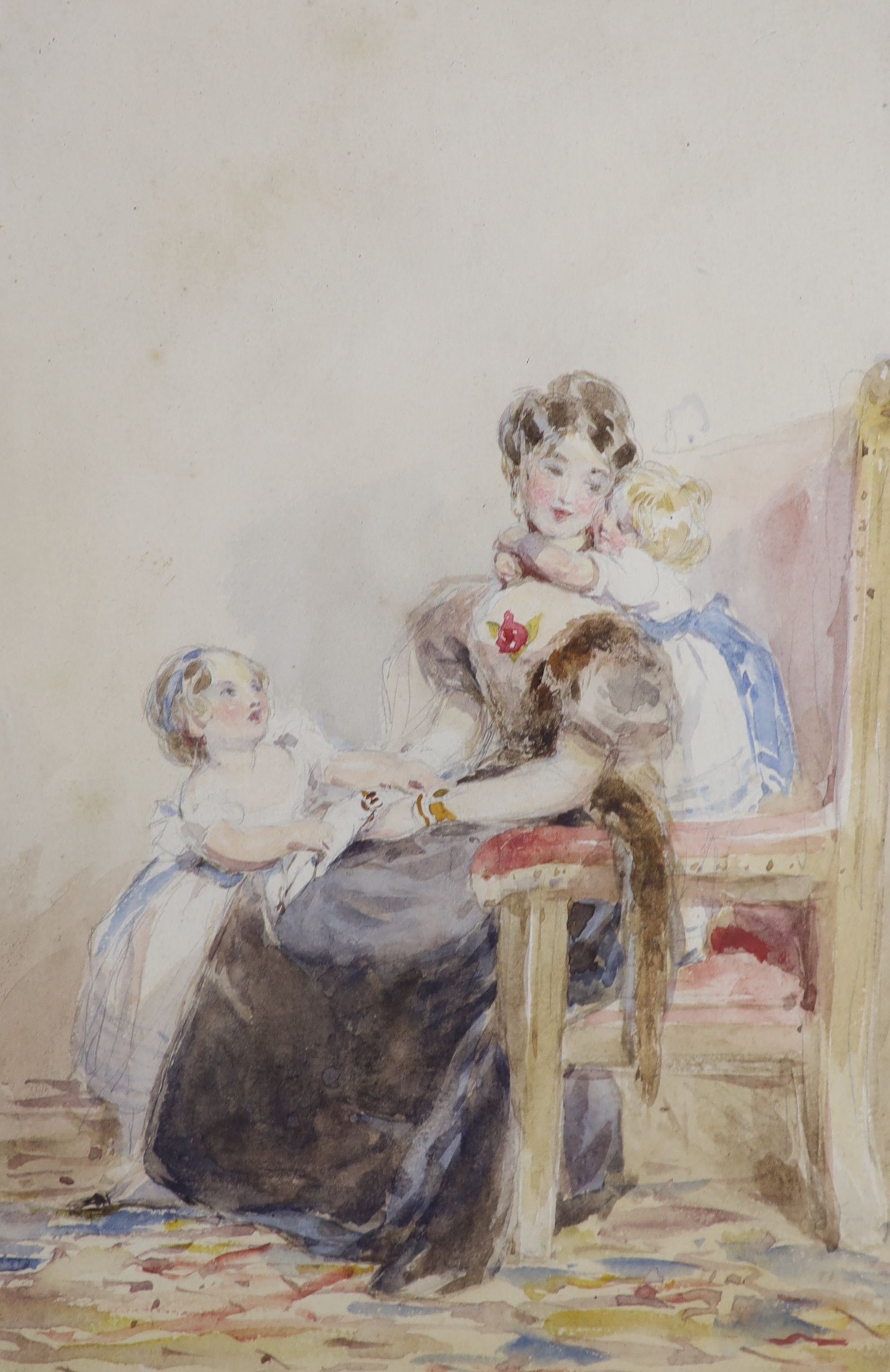 Frederick Tayler (1802-1889), watercolour, Mother and two children, Agnews label verso, 24 x 16cm